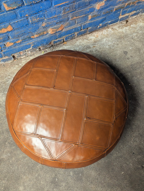 Image 1 of Vintage leather pouf, geometric design, 1970s