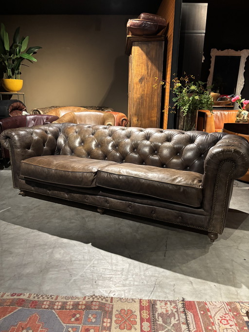 Chesterfield 3-Sitzer-Sofa, braun/grau/taupefarben, Leder, igs