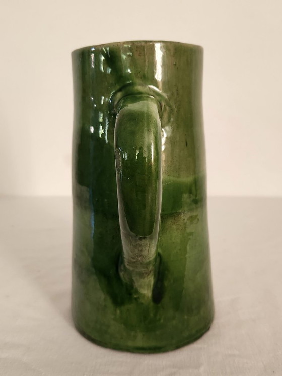 Image 1 of Large vintage green glazed ceramic pitcher