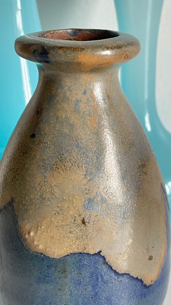 Image 1 of 3 Vintage Ocean Blue Stoneware and Opaline Glass Vases