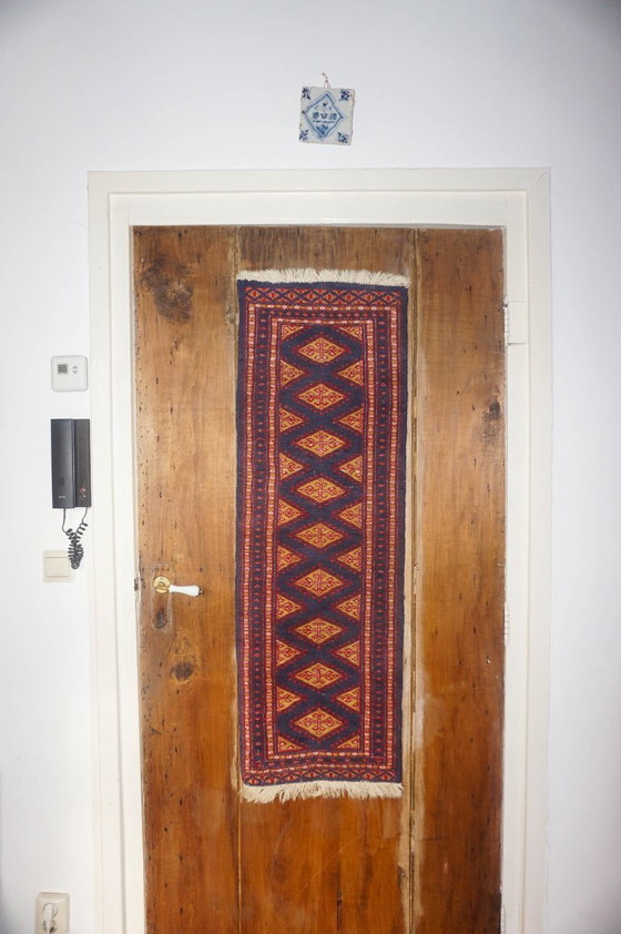 Image 1 of pakistani bokhara runner rug * vintage wool hallway carpet * red blue tribal narrow runner 