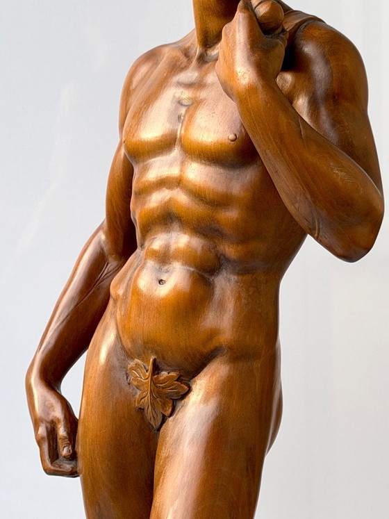 Michelangelo David Sculture in Legno Intagliate a Mano 65 cm Statua Vintage Foglia di Fico (photo 9 of 23)
