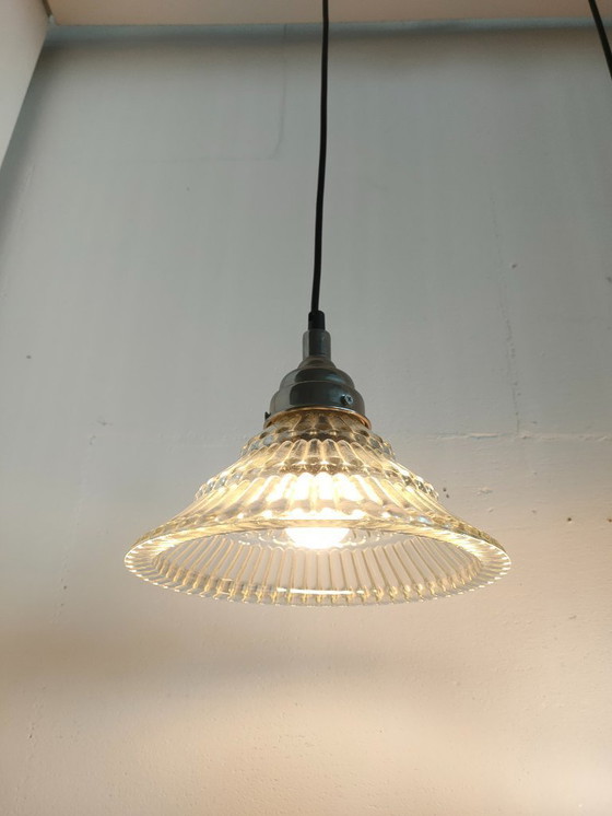 Image 1 of Set of 3 Glass Pendant Lights Holophane Style
