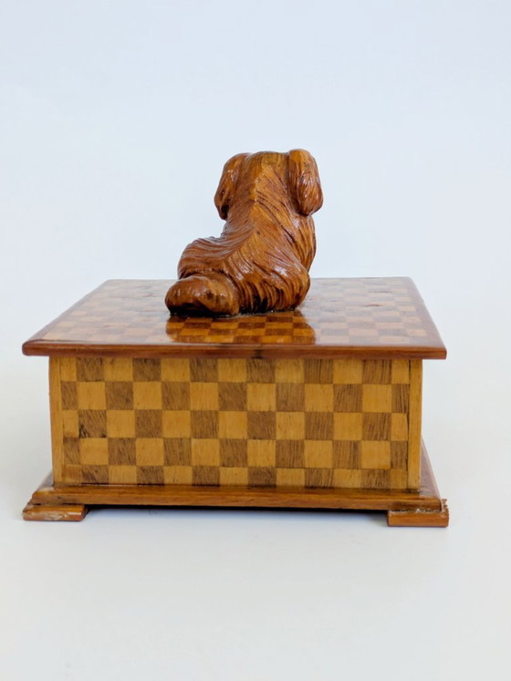 Image 1 of Midcentury Handmade Wooden Trinket Box, Dog Figurine Lid Checkered Pattern, Quirky Decor