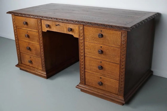 Image 1 of Antiker niederländischer Jugendstil-Schreibtisch/-Theke aus geschnitzter Eiche, frühes 20. Jahrhundert