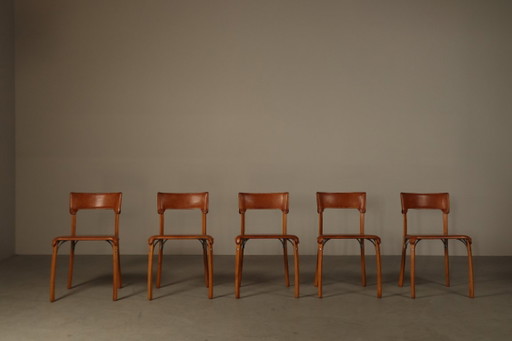 Ensemble de cinq chaises de salle à manger italiennes en cuir cognac, années 1990 – eetkamerstoelen, Wood, Leather