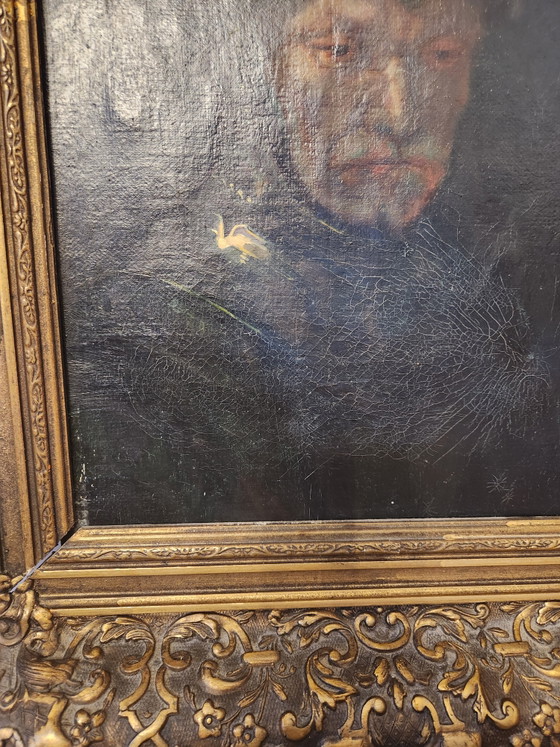 Image 1 of Pintura al óleo antigua - "El hombre del casco de oro" - Según Rembrandt van Rijn - ca. 1900 - Incluye marco barroco monumental