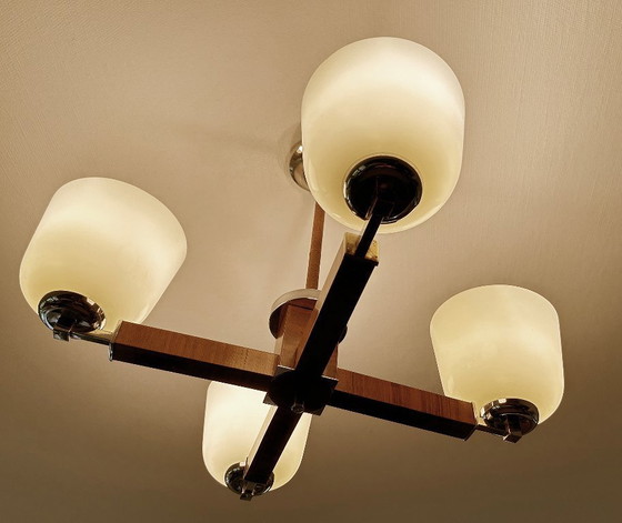 Image 1 of Lampe pendante Art Déco en bois et verre chromé