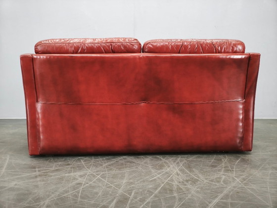 1970s Danish Modern Red Leather Two-Seater Sofa, Scandinavian Design, 2 seaters, Vintage (photo 5 of 15)