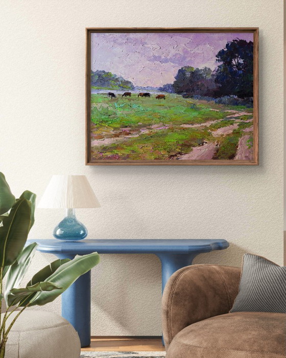 Image 1 of Original Oil Painting Rural Landscape Nature Pasture Cows in the Field