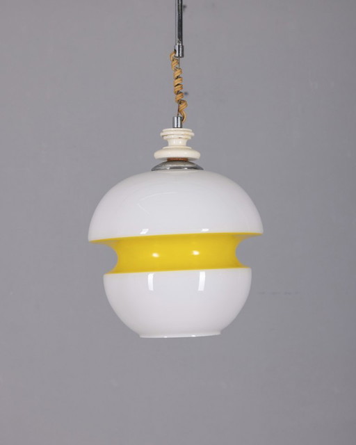 Vintage 1970s Italian-design white and yellow glass chandelier