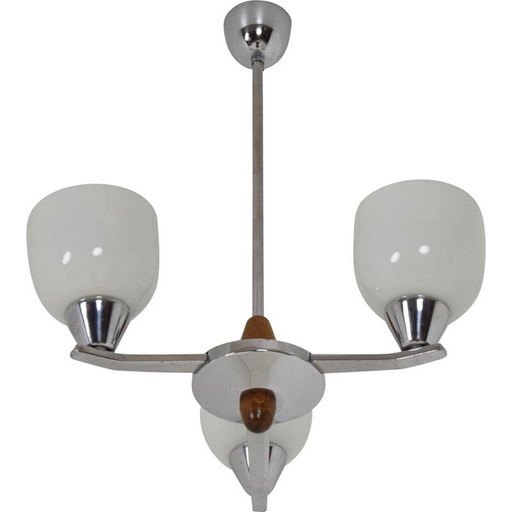 Lustre vintage en verre chromé, bois par Lidokov, Tchécoslovaquie 1970