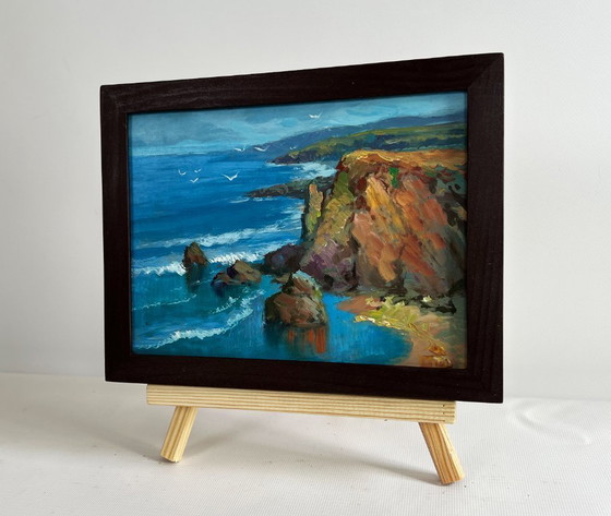 Image 1 of Original Oil Painting Summer Rock Landscape Waves crash against the rocks