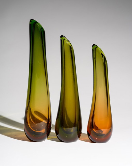 WMF Glass Vase Trio by Erich Jachmann – Sculptural Gradient Forms in Green & Amber, Germany, 1950s
