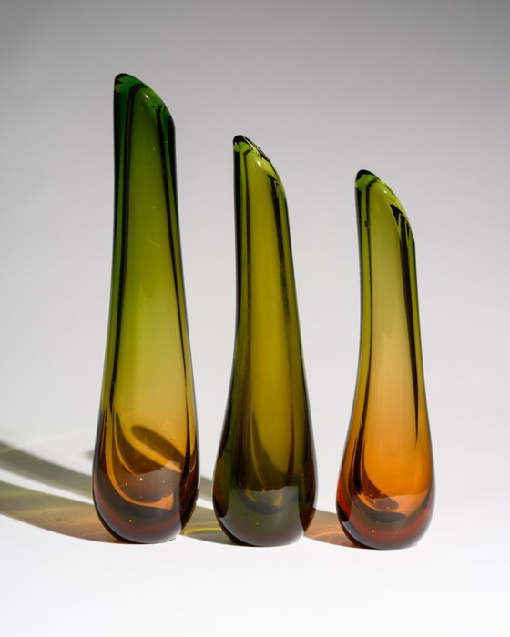 Image 1 of WMF Glass Vase Trio by Erich Jachmann – Sculptural Gradient Forms in Green & Amber, Germany, 1950s