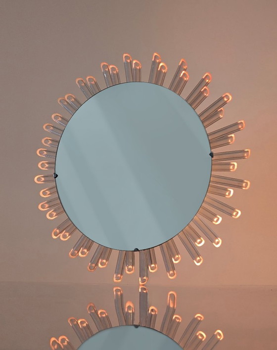 Image 1 of Mid-Century Modern Sunburst Mirror Wall Lamp in Lucite with Pink Glow, 1970s