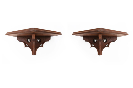 Image 1 of Paar von 2 antiken geschnitzten Eichenwandkonsolen, Frankreich ca. 1850