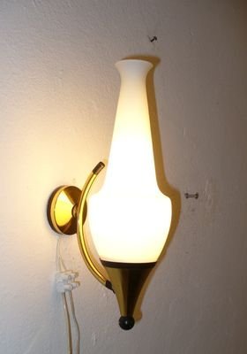 Image 1 of Pair of brass and opaline glass Stilnovo wall lamps - 1950s