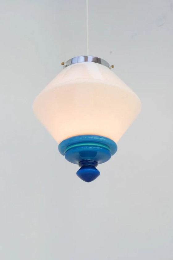 Image 1 of Suspension Art déco scandinave en verre opalin avec détails bleu azur, années 1930