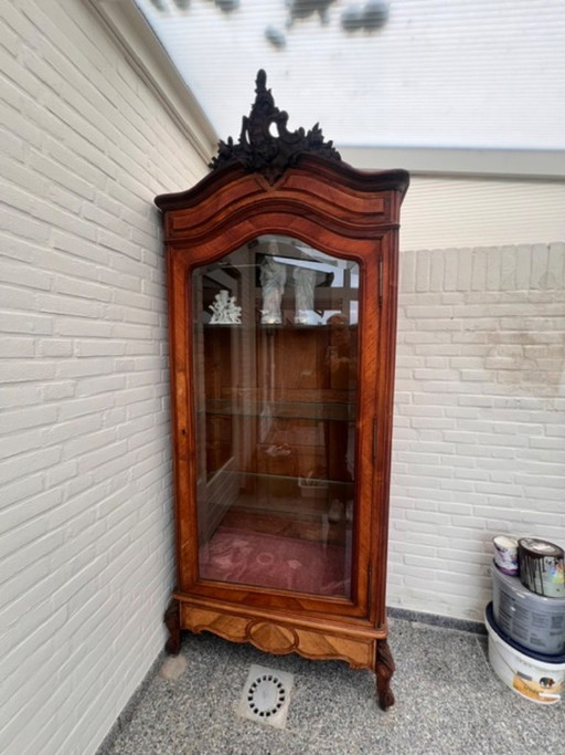 Vitrine en bois clair massif, 1 porte avec panneau en verre biseauté et tiroir