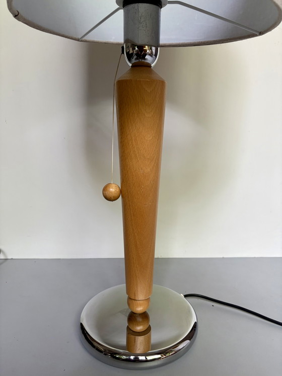 Image 1 of Vintage lamp with wooden and chrome base and fabric shade