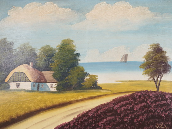 Image 1 of Tableau "La cabane au bord de la mer", design scandinave, années 1970