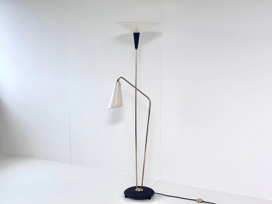Lampada da terra vintage con uplighter e lampada da lettura, Ottone / Nero, Stile Mid-Century (foto 7 di 15)