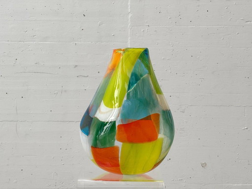 Murano style studio glass vase patchwork, Mdina Glass hand signed Malta, 1970s