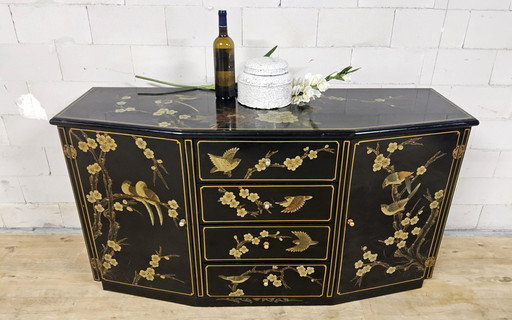 Vintage Chinese Sideboard / Lacquer Cabinet (Black / Birds) Bohemian / Oriental Chest of Drawers