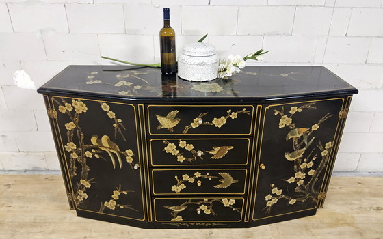 Image 1 of Vintage Chinese Sideboard / Lacquer Cabinet (Black / Birds) Bohemian / Oriental Chest of Drawers