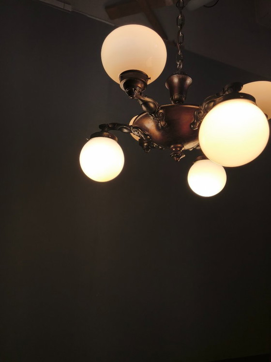 Image 1 of Lustre Art Déco tchèque en laiton et verre crème, années 1920