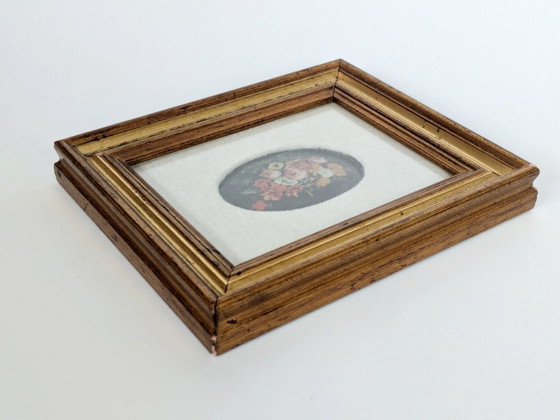 Image 1 of Vintage Floral Bouquet Print with Oval Linen Mat, Gilded Wood Frame, Foiled Shimmer Art