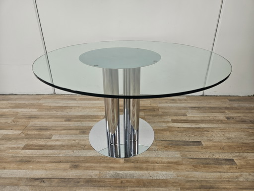 Table en métal vintage avec plateau en verre rond