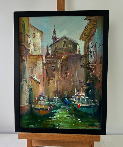 Original Oil Painting Coastal Houses Landscape The narrow streets of the city