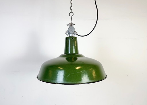 Industrial French Green Enamel Factory Pendant Lamp, 1960s
