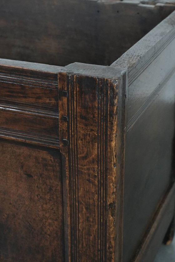 Image 1 of Large antique panelled English oak chest from the 18th century