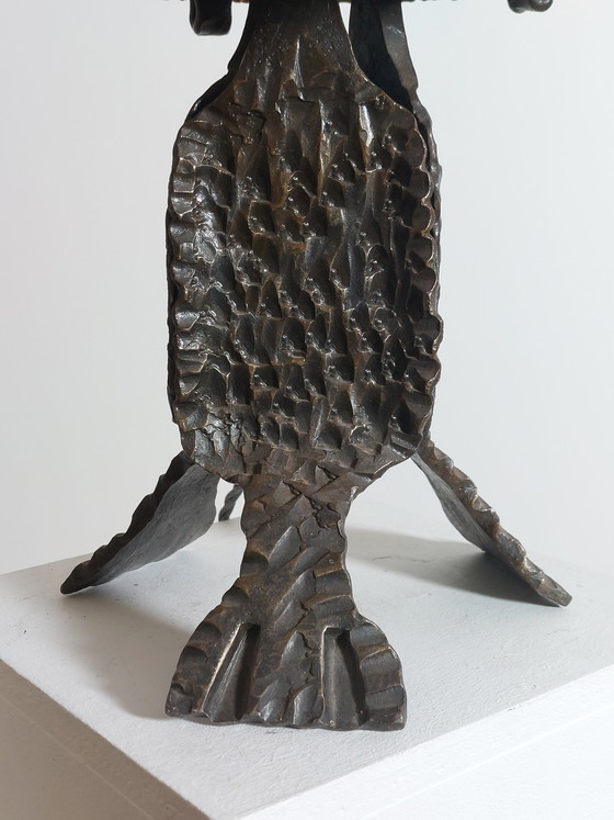 Image 1 of Vintage metalen brutalistische tafellamp uit het midden van de vorige eeuw, gemaakt van smeedijzer.