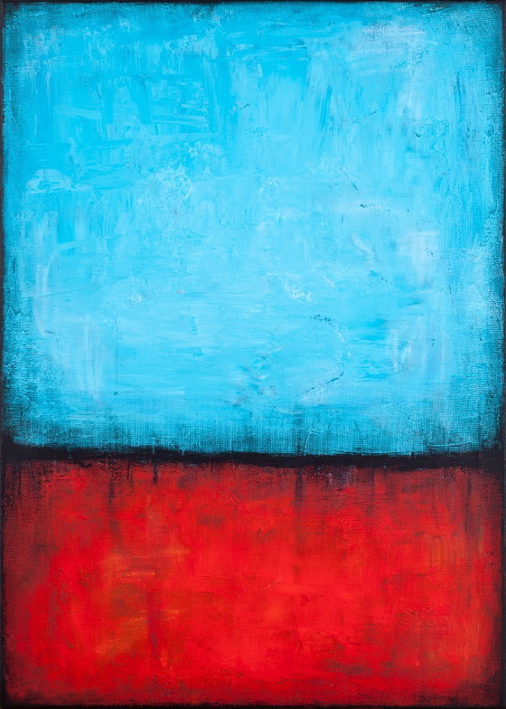 Image 1 of Blue and Red original minimalist abstract modern painting, stretched canvas