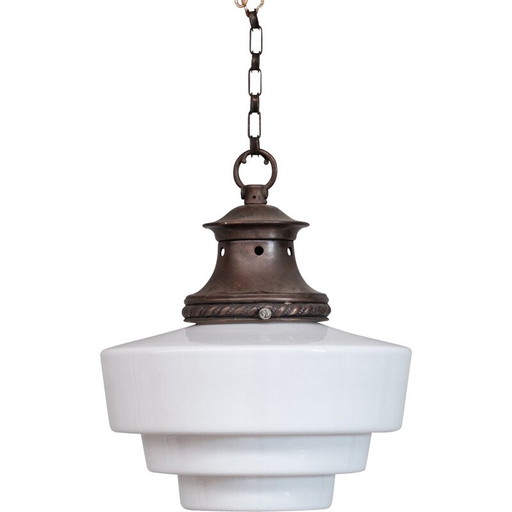 Vintage hanglamp in messing en opaline glas, Frankrijk 1950