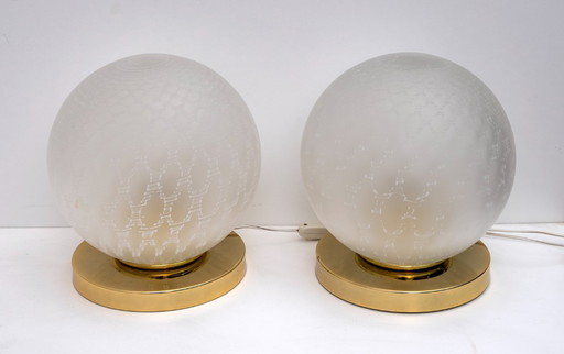 Pair of Mid-Century Modern Italian Brass and Murano Glass Ball Table Lamps, 70s