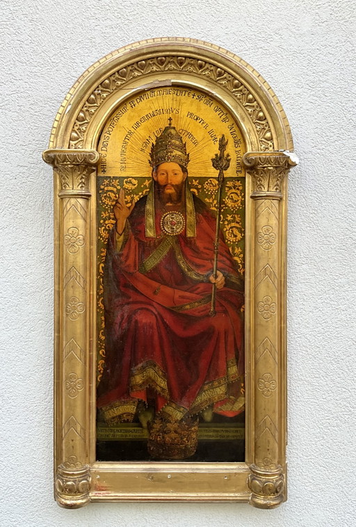 19e-eeuwse Neogotische God de Vader naar Van Eyck in vergulde architectonische lijst