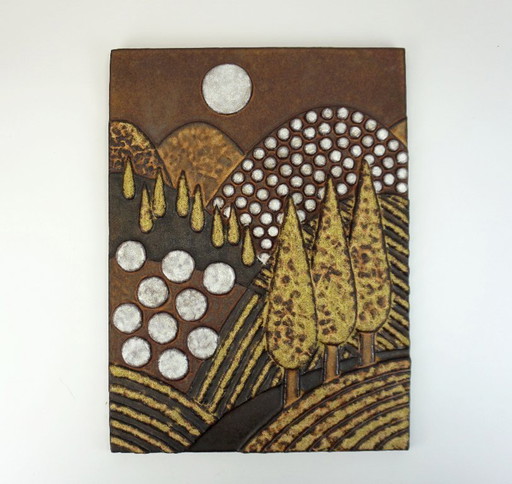 Majolika Karlsruhe - Gran panel de pared de cerámica con paisaje de cipreses, años 70, modelo n.º 7854, Dietmar Liedke