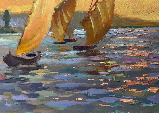 Image 1 of Original Oil Painting Sunset Sea Landscape Romantic evening swim