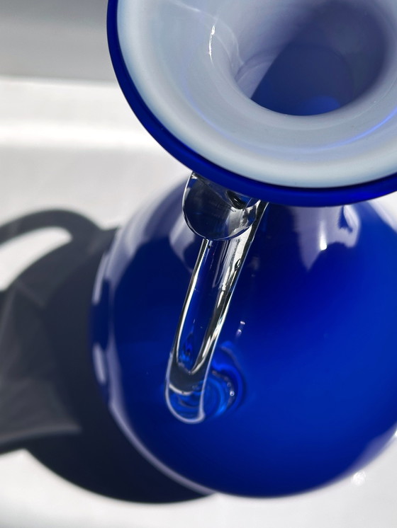 Image 1 of Vintage handle vase frosted glass blue cobalt ultramarine flower vase 80s postmodern Memphis