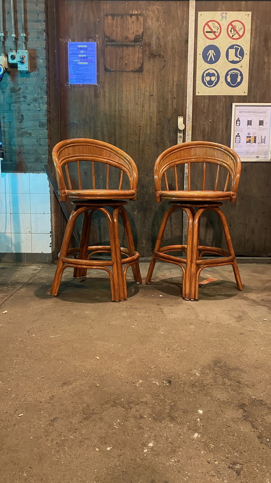 Image 1 of 2x Vintage Swivel Bamboo Barstools