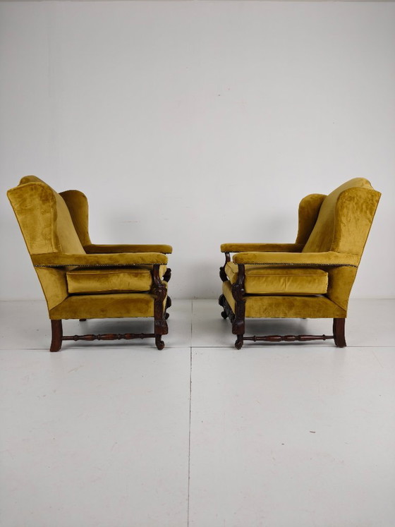 Pair of 19th-Century Carved Walnut Armchairs – Floral Motifs – Velvet Upholstery – Other (photo 6 of 8)