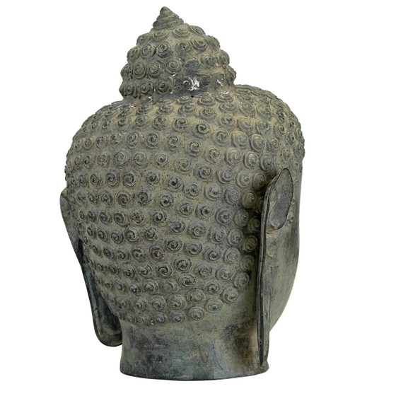 Patinated Bronze Buddha Head in U Thong Style – Thai Art 27 cm – Sculpture (photo 4 of 10)