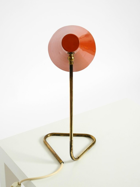 Image 1 of Beautiful, Large Mid-Century Modern Brass Table Lamp with a Brick-Red Shade