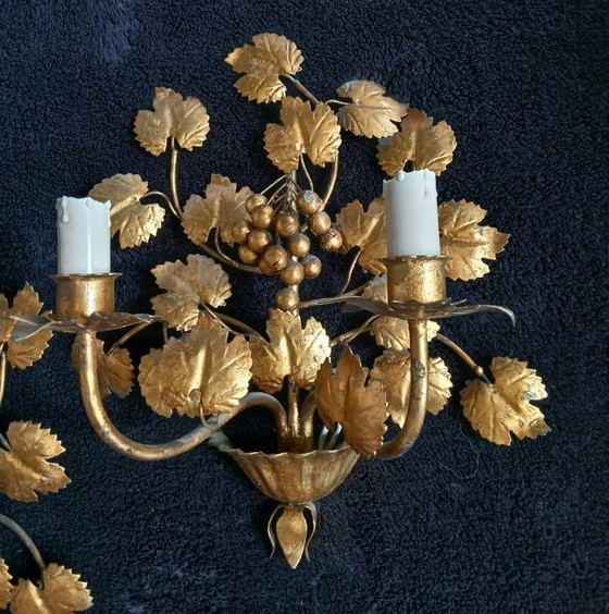 Image 1 of Splendid vintage wall sconces in gilded iron with a grape and vine design from Italy
