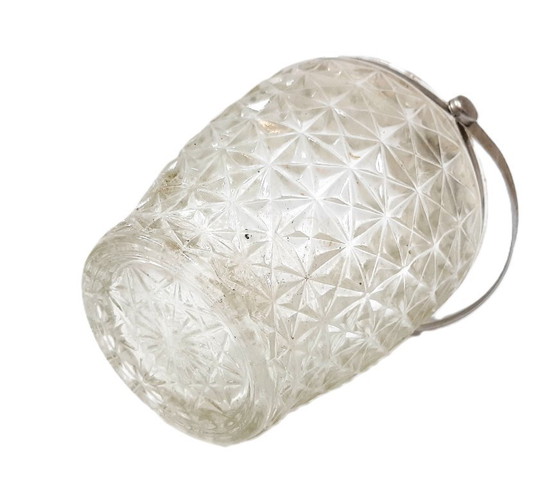 Image 1 of Vintage clear cut or pressed glass ice bucket with a metal handle